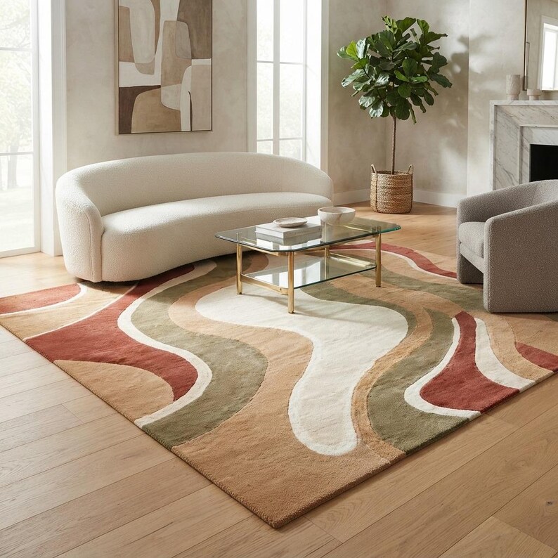 May include: A rectangular area rug featuring a wavy, abstract pattern in shades of terracotta, olive green, beige, and cream. The rug has a textured, tufted surface with flowing, organic lines that span across the entire floor covering.