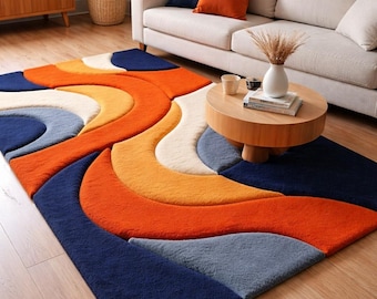 Handgetuft abstract wollen vloerkleed, gebrand oranje marineblauw luxe kamergedeelte
