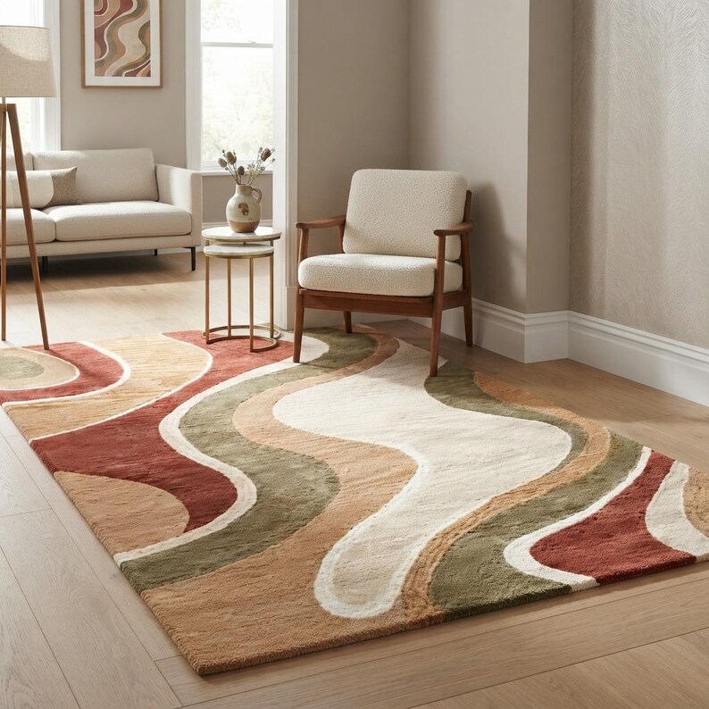 May include: A rectangular area rug featuring a repeating pattern of wavy, organic bands in shades of terracotta, olive green, cream, and tan. The rug has a soft, textured pile and covers a portion of the light-colored wooden floor in the room.