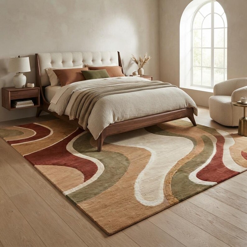 May include: A large rectangular area rug featuring a wavy, abstract pattern in shades of terracotta, olive green, tan, and cream. The rug is positioned on a light wood floor beneath a wooden bed frame with a tufted headboard and neutral bedding.