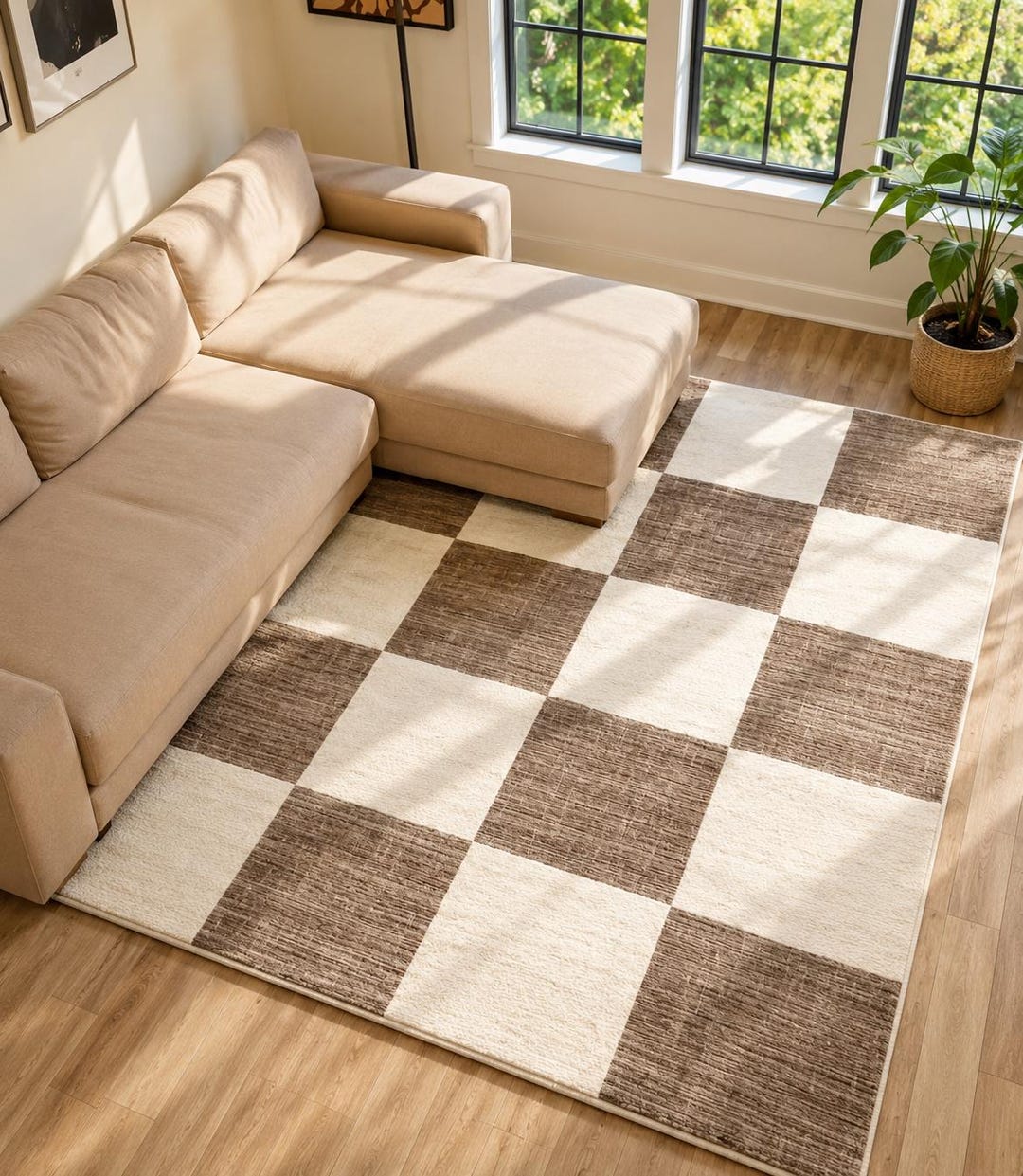 Neutral Checkerboard Area Rug: Modern Beige Cream Carpet for Living ...