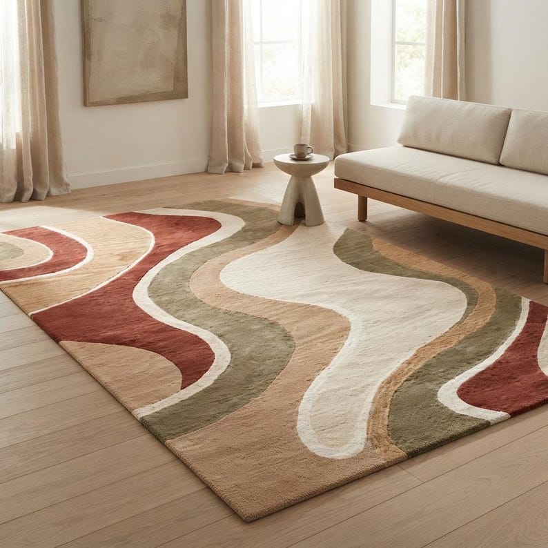 May include: A rectangular area rug featuring a series of large, flowing, wavy bands in shades of terracotta red, olive green, beige, and cream. The rug has a soft, textured pile and covers a portion of the light-colored wooden floor.