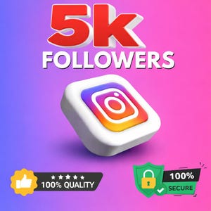 Può includere: L'immagine presenta il logo di Instagram con una sfumatura colorata, accompagnato dal testo "5K FOLLOWERS" in rosso e bianco. Le icone sottostanti indicano "100% Qualità" e "100% Sicuro" su uno sfondo sfumato.