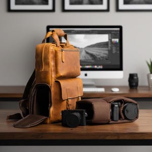 Peut inclure: Un sac à dos pour appareil photo en cuir marron avec plusieurs compartiments et une poignée supérieure est posé sur un bureau en bois. Un appareil photo et un objectif noirs sont à côté d'un étui marron. Un écran d'ordinateur est en arrière-plan.
