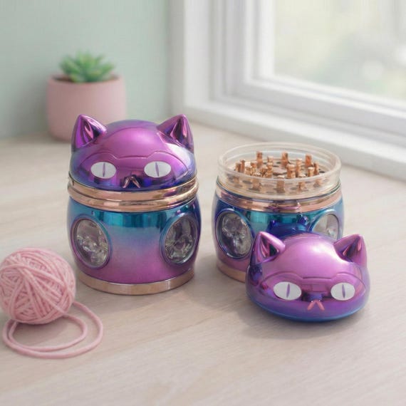 Cat Shaped Metal Herb Grinder 4 Piece with Pollen Catcher Purple Blue Oil Slick Finish Magnetic Lid Compact 9cm Spice Grinder