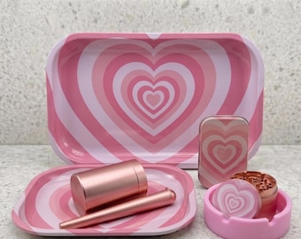 Pink Heart Tray Set with Grinder, Trays, Storage Jar, Tin Box, Tube and Ashtray 7pc Kit