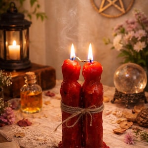 May include: Two red, lit candles tied together with twine, emitting smoke. The candles are on a wooden table with a lace cloth. A lit lantern, a glass bottle, a crystal ball, and a pentagram are in the background.