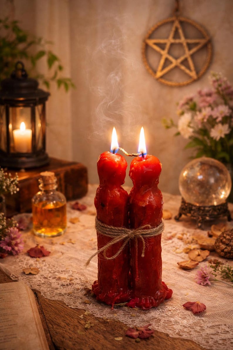 May include: Two red, lit candles tied together with twine, emitting smoke. The candles are on a wooden table with a lace cloth. A lit lantern, a glass bottle, a crystal ball, and a pentagram are in the background.