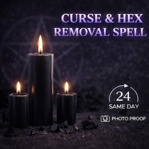 May include: Three black pillar candles with lit flames against a dark background. Text reads: CURSE & HEX REMOVAL SPELL, 24 SAME DAY, and PHOTO PROOF with a camera icon. The candles are arranged in a cluster, casting a warm glow in the dim setting.