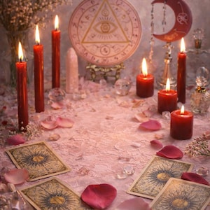 May include: A mystical scene featuring lit red candles, tarot cards, and rose petals on a pink lace surface. A circular emblem with an eye symbol and a crescent moon decoration are also present, creating a spiritual ambiance.