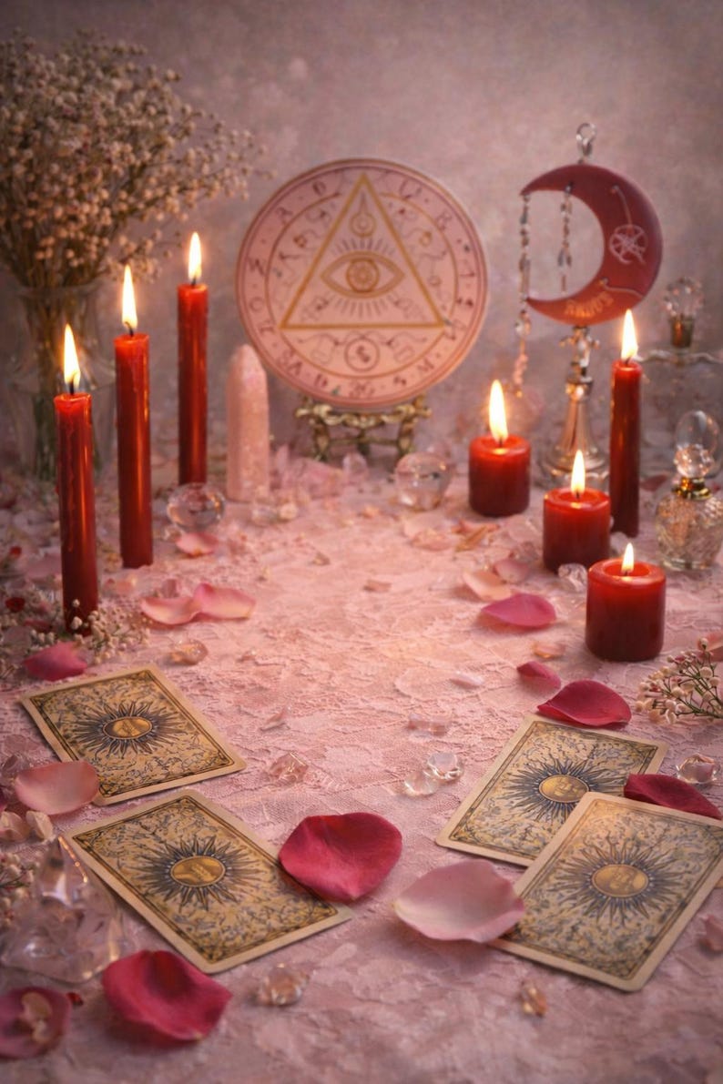May include: A mystical scene featuring lit red candles, tarot cards, and rose petals on a pink lace surface. A circular emblem with an eye symbol and a crescent moon decoration are also present, creating a spiritual ambiance.