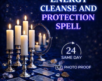 May include: An image with the text "ENERGY CLEANSE AND PROTECTION SPELL". The image shows lit candles in silver holders, tarot cards, crystals, and a mirror. The text "24 SAME DAY PHOTO PROOF" is also visible.