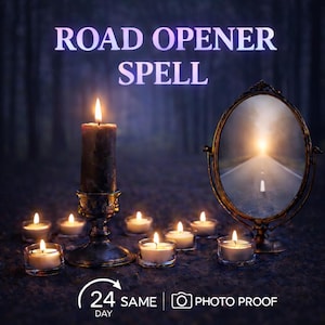 May include: An image featuring a lit black candle in a decorative holder, surrounded by several lit tea light candles. A mirror reflects a road leading to a bright light. The text "ROAD OPENER SPELL" is at the top.