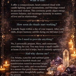 May include: A dark, ornate graphic with the text "Q&A" and information about intuitive rituals. The image features candles, crystals, and the words "Ancestral Wisdom & Heart Magic."