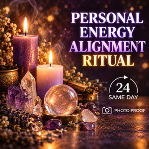 Könnte beinhalten: Zwei brennende violette Stumpenkerzen, eine klare Kristallkugel sowie verschiedene rohe Amethyst- und Bergkristalle auf einer dunklen Oberfläche. Der Text lautet PERSONAL ENERGY ALIGNMENT RITUAL, 24 SAME DAY und PHOTO PROOF mit einem Kamerasymbol.