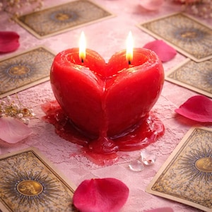 May include: A red heart-shaped candle with two lit wicks, surrounded by tarot cards and pink rose petals. The candle sits on a pink lace surface, creating a romantic and mystical ambiance. The candle is melting.
