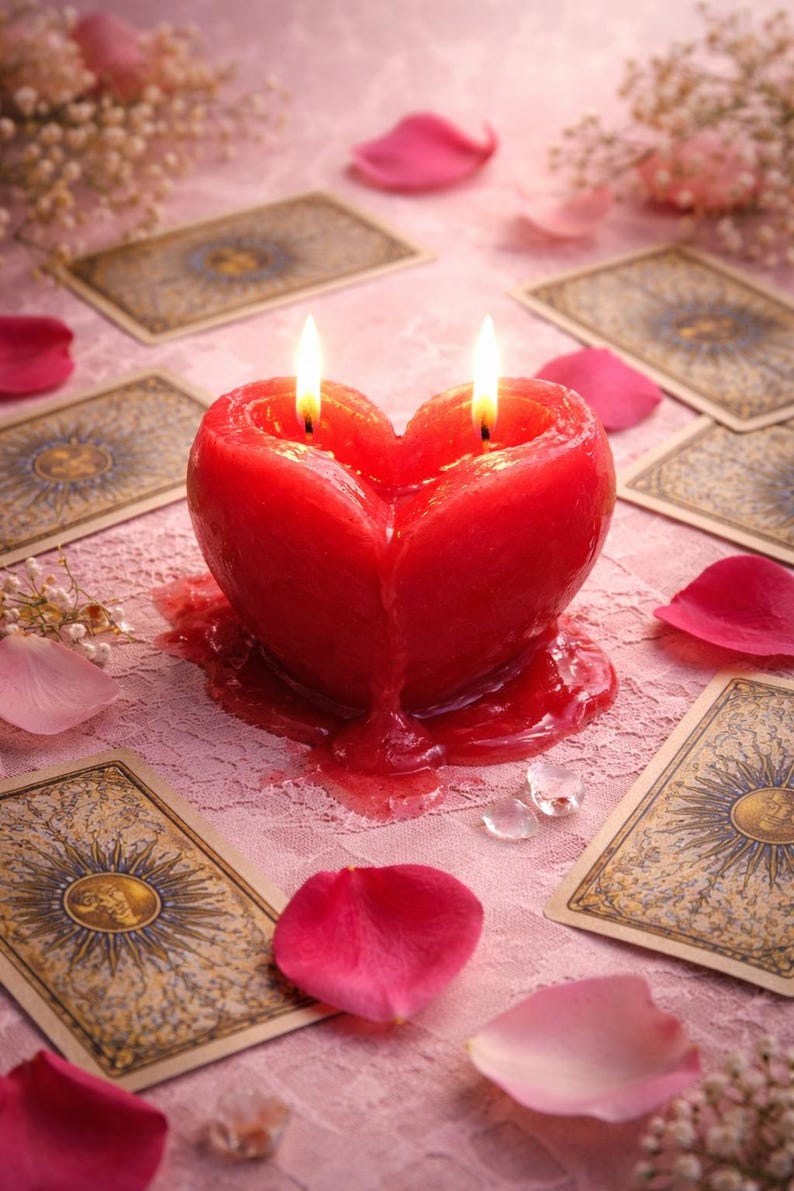 May include: A red heart-shaped candle with two lit wicks, surrounded by tarot cards and pink rose petals. The candle sits on a pink lace surface, creating a romantic and mystical ambiance. The candle is melting.