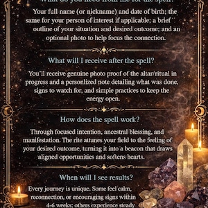 May include: A dark, ornate graphic with the title "Q&A" and text describing a spell service. The image includes a crescent moon, candles, crystals, and the words "Intuitive Rituals with Ariana."