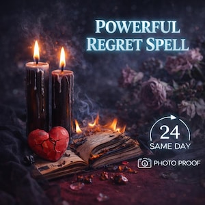 May include: An image with the text "POWERFUL REGRET SPELL". Two black candles are lit, with a burning book and a broken red heart. The image also includes the text "24 SAME DAY PHOTO PROOF".