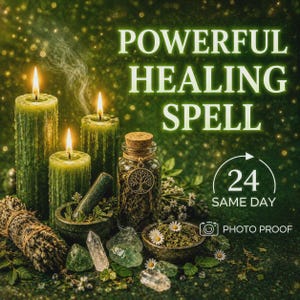 Pode incluir: Três velas de pilar verdes texturizadas com chamas acesas, um frasco de vidro com um pingente de árvore contendo ervas, um almofariz com pilão, um maço de sálvia e cristais claros. Texto: POWERFUL HEALING SPELL, 24 SAME DAY, PHOTO PROOF.