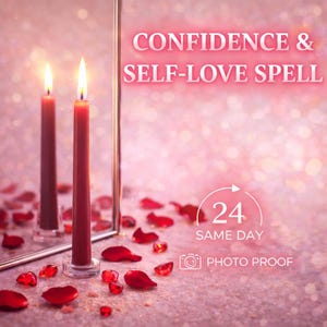 Puede incluir: Dos velas rojas con llamas encendidas se reflejan en un espejo. El texto "CONFIDENCE & SELF-LOVE SPELL" está en la parte superior. Pétalos de rosa rojos y cristales dispersos sobre una superficie rosa brillante. La imagen también incluye el texto "24 SAME DAY PHOTO PROOF".