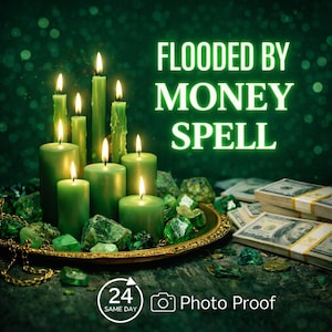 May include: Green candles of varying heights are lit, surrounded by green gemstones and a gold-colored tray. Stacks of US dollar bills are visible. The text "FLOODED BY MONEY SPELL" is displayed in white. The image also includes the text "24 SAME DAY Photo Proof".