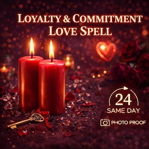Könnte beinhalten: Zwei rote Stumpenkerzen mit brennenden Dochten stehen neben einem goldenen Skelettschlüssel mit rotem Band. Der Text lautet LOYALTY & COMMITMENT LOVE SPELL, 24 SAME DAY und PHOTO PROOF. Der Hintergrund zeigt dunkelrote Rosen und ein leuchtendes Herz.