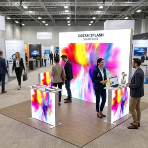 May include: An exhibition booth with the text "DREAM SPLASH SOLUTIONS" on a large illuminated display. The display features a vibrant, colorful abstract design. Two smaller illuminated tables are in front of the display.