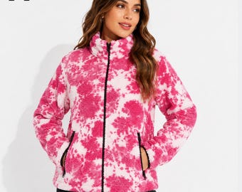 Roze tie-dye fleece jack dames sherpa teddy jas gezellige winter zip-up jas zacht pluche streetwear