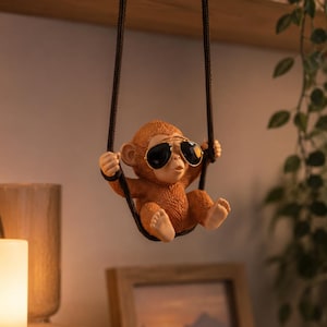 Monkey Swing Car Mirror Hanging Decor – Cute Monkey Rearview Mirror Ornament – Funny Car Accessory – Boho Cozy Interior Charm Gift