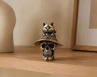 Solid Brass Cat Skull Figurine – Mini Gothic Brass Statue, Lucky Cat Decor, Handmade Desk Ornamen