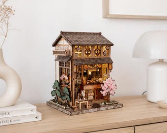 DIY Miniature House Kit to Build Yourself – Japanese Tea House Wooden Puzzle with LED Light – Mini Dollhouse Model Kit – DIY Craft