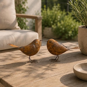 May include: Two rustic metal bird sculptures with a weathered, brown finish stand on a wooden table. The birds have slender legs, beaks, and tail feathers. The scene is set outdoors with a neutral-toned background.