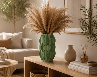 Modern Sculptural Vase with Pampas Grass, Boho Coffee Table Decor, Neutral Living Room Accent, Minimalist Home Decoration