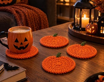 Halloween Pumpkin Coasters Set of 4, Crochet Orange Drink Coasters, Fall Table Decor, Autumn Home Decor, Halloween Kitchen Decoration