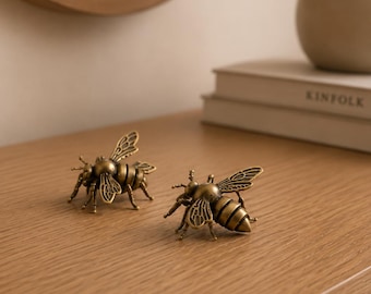 Brass Bee Figurines Set – Miniature Bee Decor, Solid Brass Insects, Cottagecore Shelf Accent, Nature Lover Gift, Rustic Home Decoration