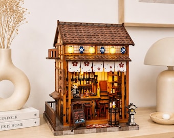 DIY Japanese Miniature House Kit – Wooden Puzzle to Build Yourself – LED Dollhouse Model – DIY Craft Gift for Adults