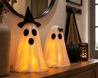 Halloween Ghost Decorations Set of 2, Light Up LED Ghost Statues, Witch Hat & Bow, Spooky Fabric Decor for Home