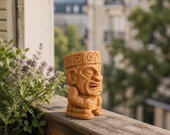 Wooden Tiki Statue Handmade – Small Wood Figurine, Natural Boho Decor, Shelf Ornament, Minimalist Home Accent