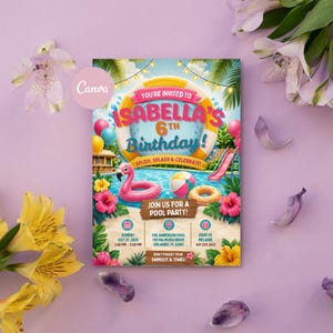 May include: A rectangular pool party invitation card featuring a large yellow and white life preserver, a pink flamingo float, a beach ball, and a water slide. The text reads: You're invited to Isabella's 6th Birthday, Splish, Splash & Celebrate!