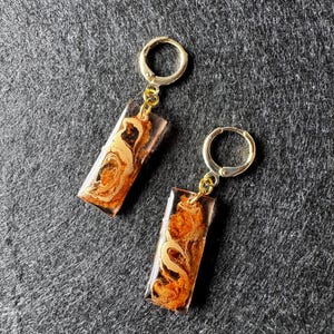 May include: A pair of gold-colored hoop earrings with rectangular pendants. The pendants are clear with an embedded swirling pattern in shades of brown and gold. The earrings are displayed against a dark gray background.