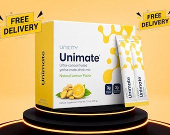 Mezcla para bebida de yerba mate Unicity Unimate, apoyo natural para la energía y el bienestar, sobres con sabor a limón.
