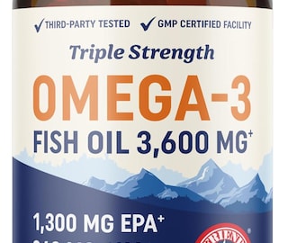 Aceite de pescado Omega-3 de triple concentración 3600 mg / Cápsulas blandas de EPA y DHA / Sabor a limón. Suplemento para el bienestar diario.