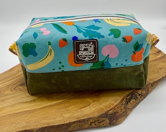 Fruit print and waxed canvas  Boxy zipper pouch project bag