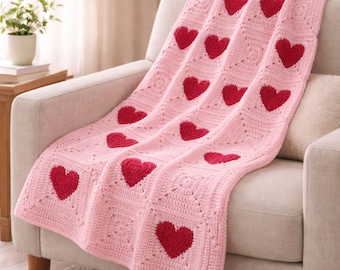 Herz Oma Quadrat Decke Häkelanleitung, Blushing Hearts Blanket , Video Tutorial, Anfänger freundlich, Instant Download