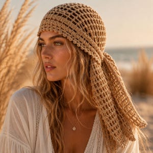 May include: A beige crochet headscarf featuring an open-knit grid pattern and a scalloped edge. The headscarf is tied at the back, with the fabric draping down to cover the hair. The design consists of a structured crown and long, flowing ties.