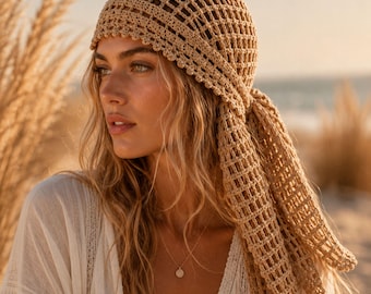Crochet Bandana Pattern PDF, Boho Head Scarf Pattern, Hair Kerchief, Beginner Crochet Hair Scarf, Video Tutorial