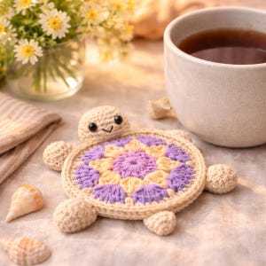 May include: A handmade crochet turtle coaster with a purple and yellow floral design. The turtle has a smiling face and four beige feet. A cup of tea and seashells are in the background.