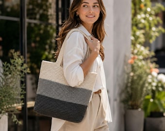 Crochet Tote Bag Pattern PDF, Color Block Shoulder Bag, Three Shade Structured Crochet Purse, Video Tutorial, Digital Download