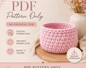 Crochet Basket Pattern PDF, Slanted V-Stitch Cord Basket Tutorial, Wooden Base Storage Basket, Video Tutorial, Digital Download